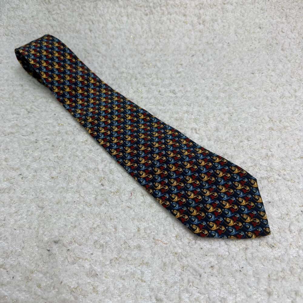 Maurizio Serri for Lydia Keys 100  Silk Tie Blue Red Gold Scroll Pattern Italy